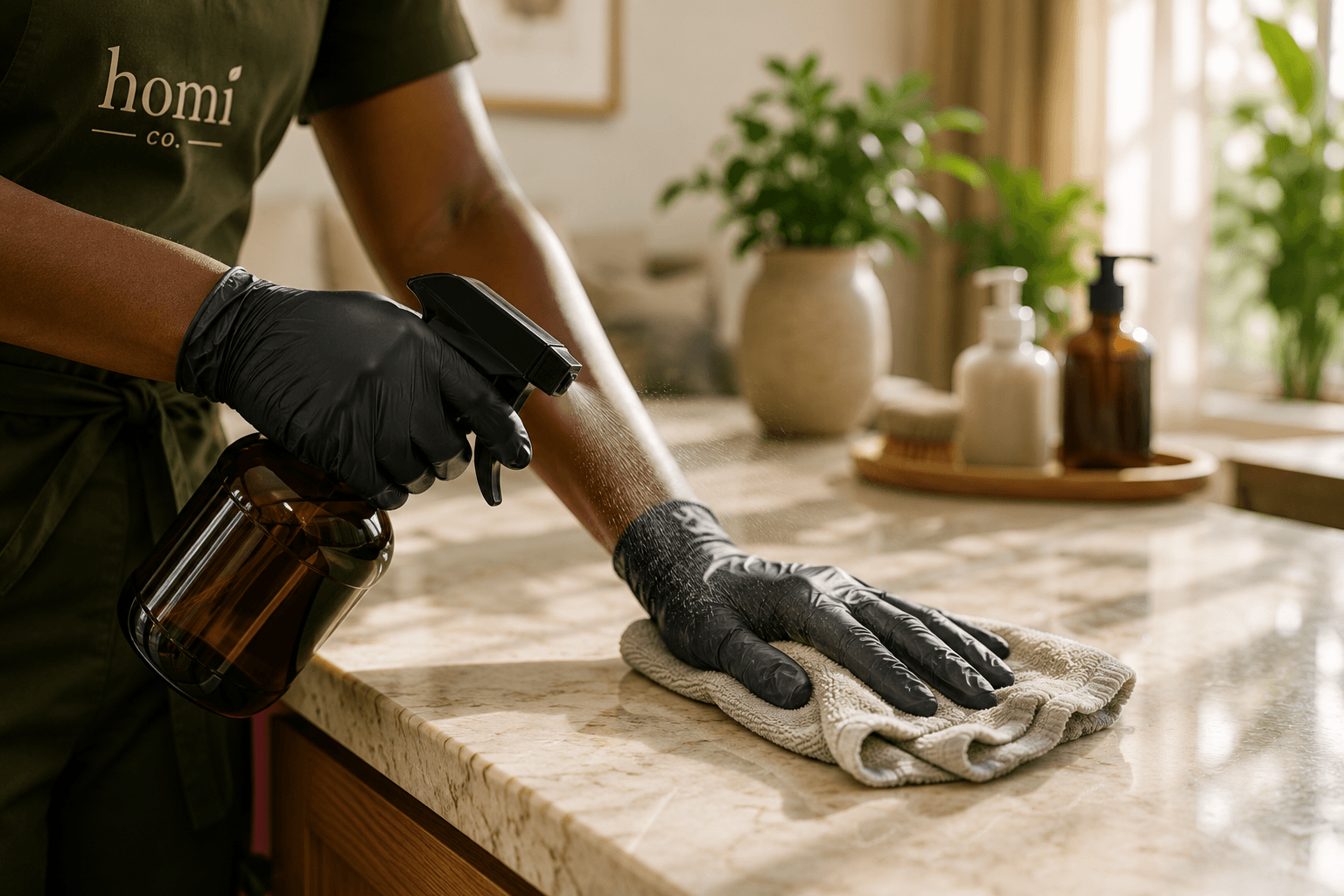 Close-up of a HOMI cleaner wiping down a countertop